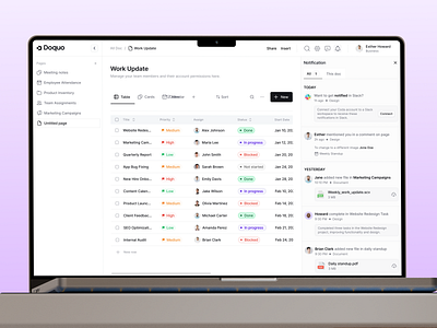 Doquo - Notification Page Design alert clean ui dashboard filllo management messages notification notification page notification settings project management saas side panel task assign task management task update time management ui design uiux web design work update