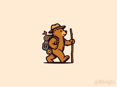 Explorer Bear Traveling Logo (for sale) animal backpack bear branding compass cute design explorer gear logo logos modern mountains outdoors stick tent travel traveler traveling walking