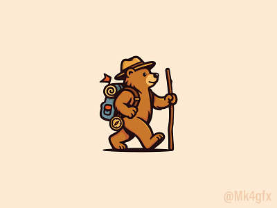Explorer Bear Traveling Logo (for sale) animal backpack bear branding compass cute design explorer gear logo logos modern mountains outdoors stick tent travel traveler traveling walking