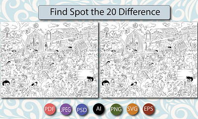 Spot the Difference Puzzle – 20 Differences | Line Art for Kids black and white puzzle gems graphic design illustration line art line art illustration spot the difference