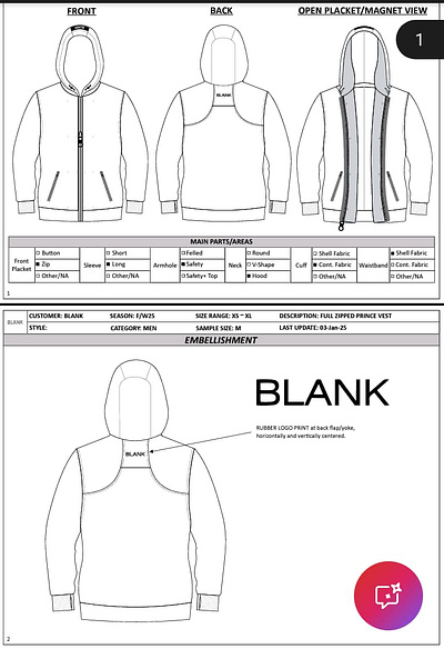 FULL ZIPPED PRINCE VEST TECH PACK branding fabricdevelopment fashionillustration fashionproduction fullpackageproduction garmentconstruction logo menswear outerwear streetweardesign techpack