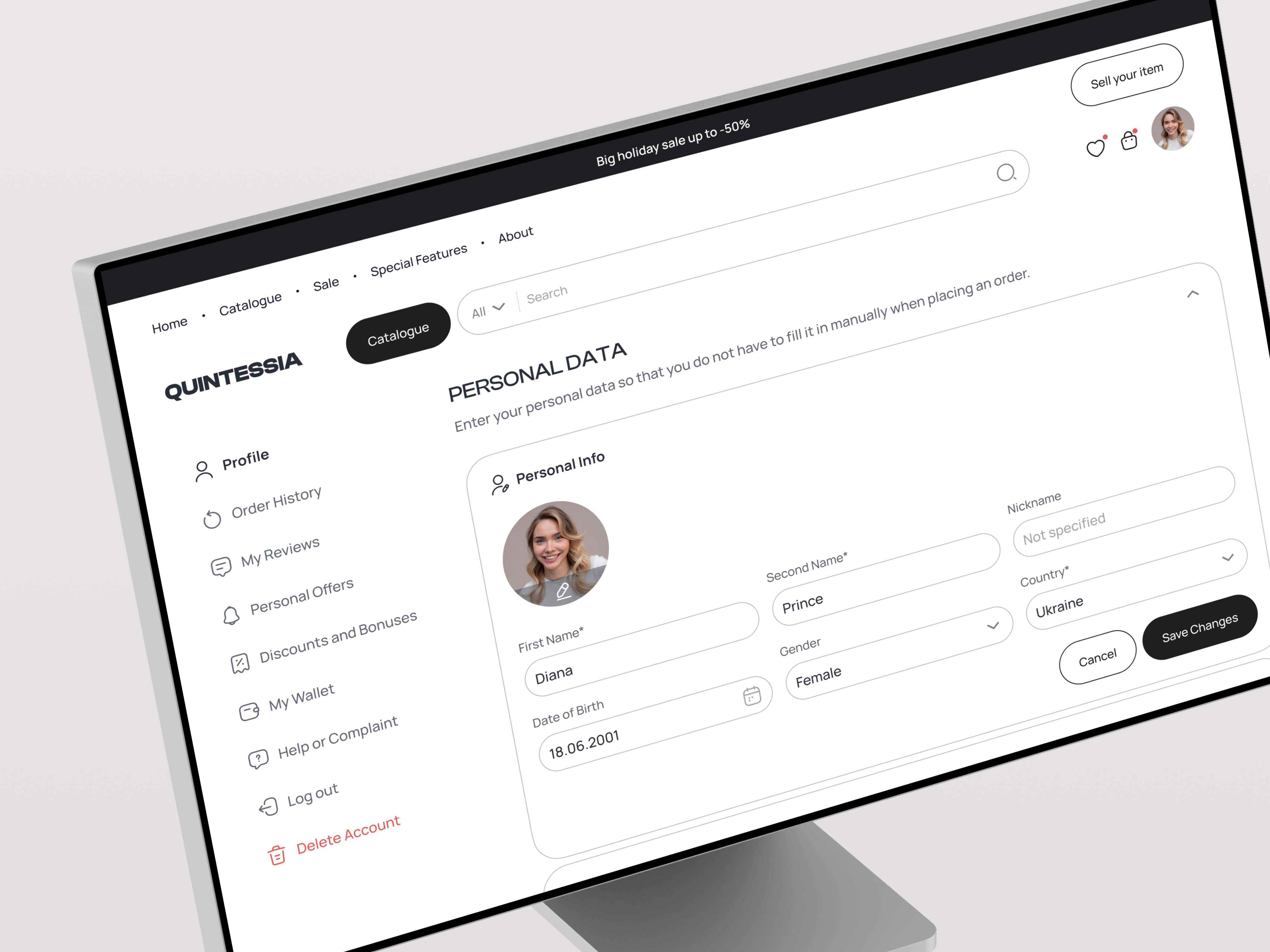 Quintessia Marketplace – User Profile Page account settings autolayout clean interface design ecommerce design light theme marketplace profile management responsive layout ui user profile ux uxui design web app white space