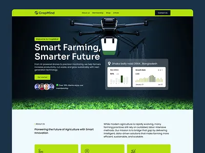 CropMind – Smart Agriculture Landing Page UI animation apps branding clean dashboard data design drone drone monitoring eco design green business hero banner landing page mobile apps smart farming ui uiux ux web design website