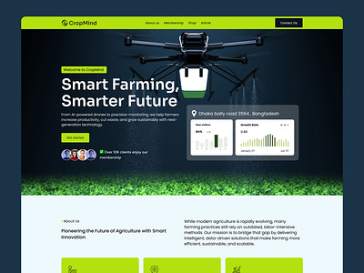CropMind – Smart Agriculture Landing Page UI animation apps branding clean dashboard data design drone drone monitoring eco design green business hero banner landing page mobile apps smart farming ui uiux ux web design website