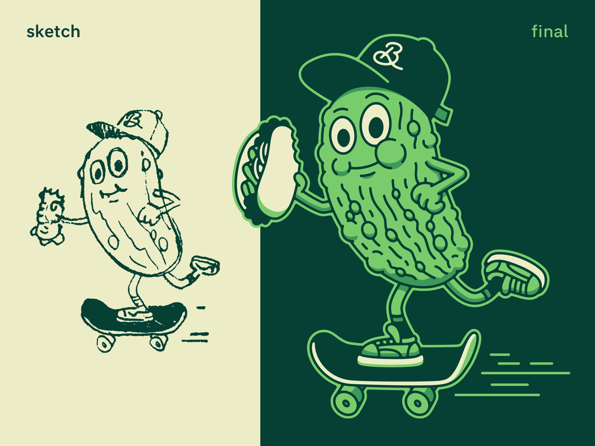 Pickle Mascot brand branding cartoon character food graphic design icon illustration logo mascot pickle restaurant sandwich skateboard symbol