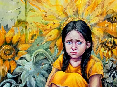 Ukrainian War Art – Girl in Sunflower Field, Symbolic Acrylic art flower girl hand painted paint painting sunflower ukraine war