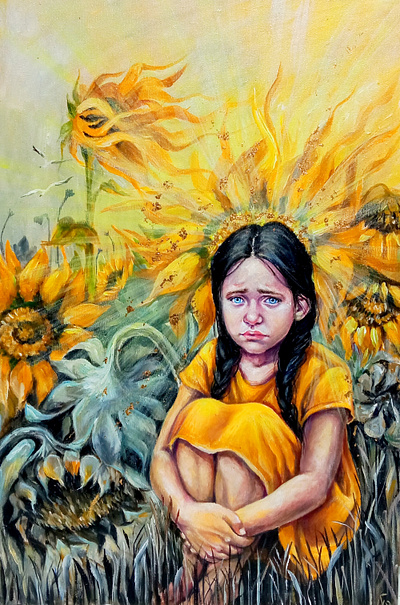 Ukrainian War Art – Girl in Sunflower Field, Symbolic Acrylic art flower girl hand painted paint painting sunflower ukraine war