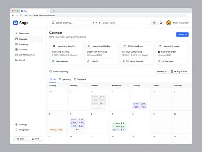 Sage HR Admin Web App_Calendar calen calendar card component design components darkmood design system employee events hiring lightmood payroll productdesign recruitment saas sage schedule uiux ux web app design