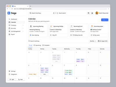 Sage HR Admin Web App_Calendar calen calendar card component design components darkmood design system employee events hiring lightmood payroll productdesign recruitment saas sage schedule uiux ux web app design