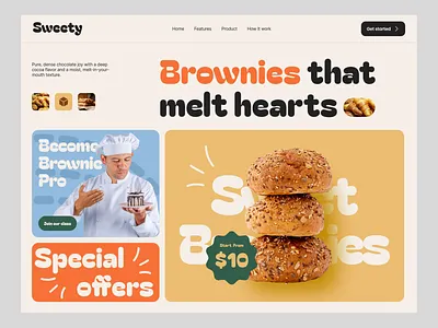 Sweety - Brownies Website Concept animation branding bread delivery design elementor food framer landing motion online order page restaurant snack ui webflow website wordpress