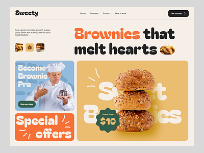 Sweety - Brownies Website Concept animation branding bread delivery design elementor food framer landing motion online order page restaurant snack ui webflow website wordpress