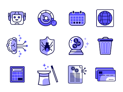 Ai + Cloud Icons ai bot bug calculator calendar credit card crystal ball interface meter screen icons trash can world