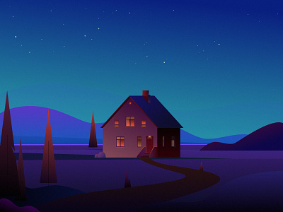 Country Road art illustration cloud country design digital illustration draw flat illustration house illustration illustration design mountain night painting red road sky star tree vector vector illustration