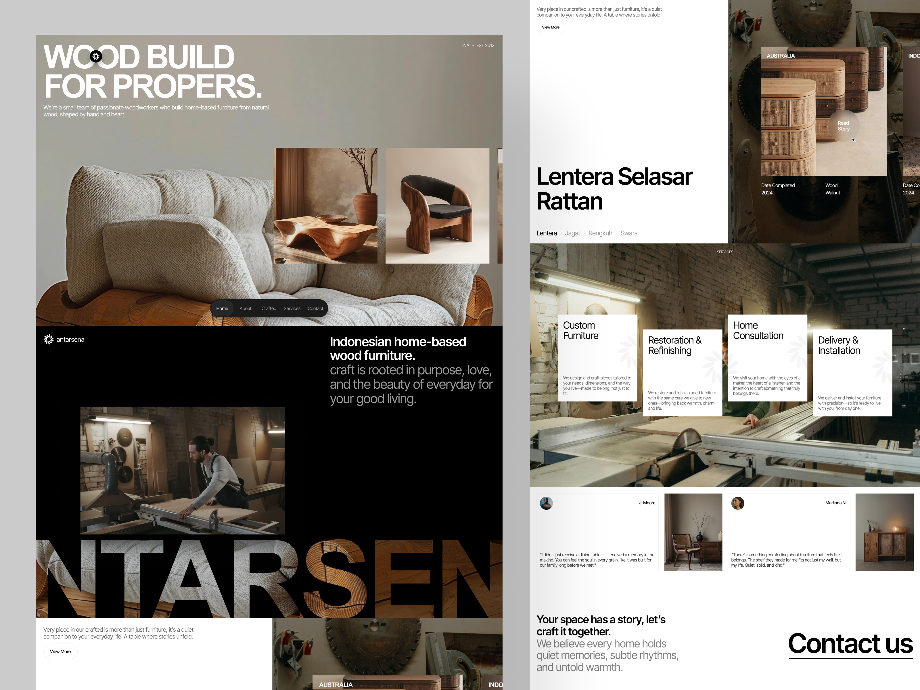 Antarsena - Wood Crafter Landing Page big type big typography clean conceptual creature design editorial landing page layout magazine minimalist professional uidesign web design website design wood wood crafter working