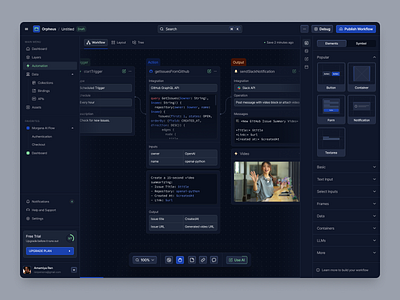 Orpheus - Automation Workflow SaaS Tool Dashboard ai api artificial intellegent automation builder chat code collections dark mode dashboard data github llm modern product design saas slack snippet tools workflows