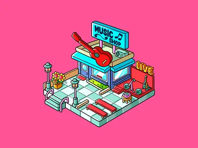 Music Shop — Isometric Mini World animation branding cartoon creature design graphic design guitar illustration isometric isometric cartoon logo music music cartoon music shop music store procreate shop store ui