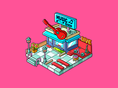 Music Shop — Isometric Mini World animation branding cartoon creature design graphic design guitar illustration isometric isometric cartoon logo music music cartoon music shop music store procreate shop store ui