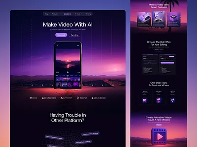Cutpro - AI Video Editing Landing Page ai editing website ai tool ai video editing aicontentcreation aieditpro aistoryteller cliptovideo editing tool landing page saas ui design short video smartclipeditor smartediting ux ui video creation video editing design video editing tool video editor ui videocreationai web design