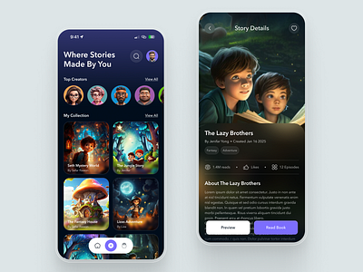 Children's Story App UI Design app app design app designer childrens app dark theme app figma figma design modern design story app storytellingapp ui ui design ui designer user interface ux ux design ux designer visual design web designer website design