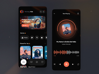 Audiobook App app app design audio app audio player audiobook app audiobook mobile app audiobooks books app dark app darkmode design ebook figma ios minimal mobile mobile app online book podcast app ui