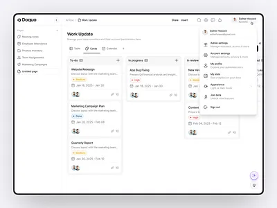 Doquo - Profile Menu Page Design account clean ui dashboard dropdown filllodesign kanban management profile profile menu profile setting project management saas settings task management team activity uiux user profile web design workspace