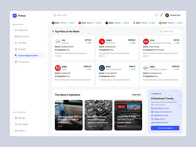 AI Investment Dashboard - Explore Page ai ai analytics ai investment ai investment dashboard asset discovery dashboard financial planning fintech investment investment dashboard market market research minimalist predictive analytics risk assessment stock trading uidesign uxdesign website