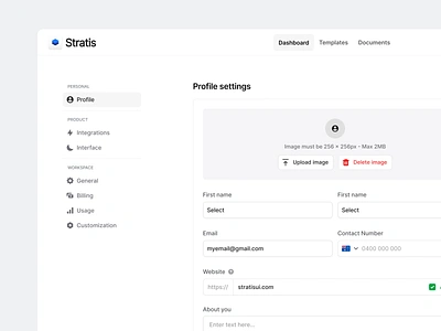 Stratis UI - Settings app clean design details forms input interface manage minimal modal navigation product settings sidebar ui ui design upload ux ux design web