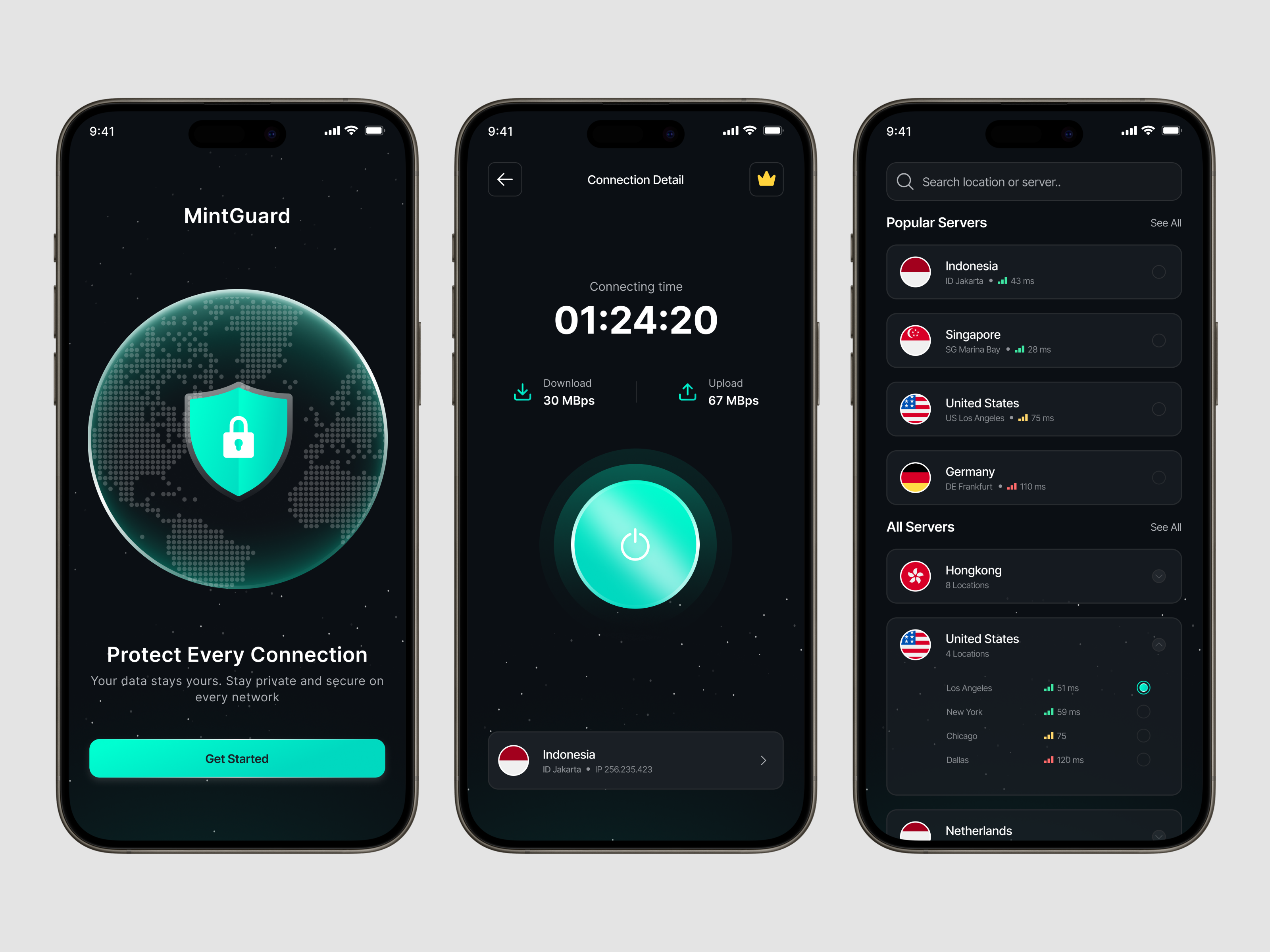 MintGuard — Secure VPN App in Dark Mode clean design dark mode design mobile typography ui ui design uiux ux vpn vpn apps