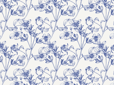 Toile art vintage seamless pattern Clematis flowers. Hand drawn blue botanical clematis design drawing engraved fashion pattern floral background flowers graphics hand drawn illustration monochrome seamless pattern sketch toile trendy vector pattern vintage wedding pattern