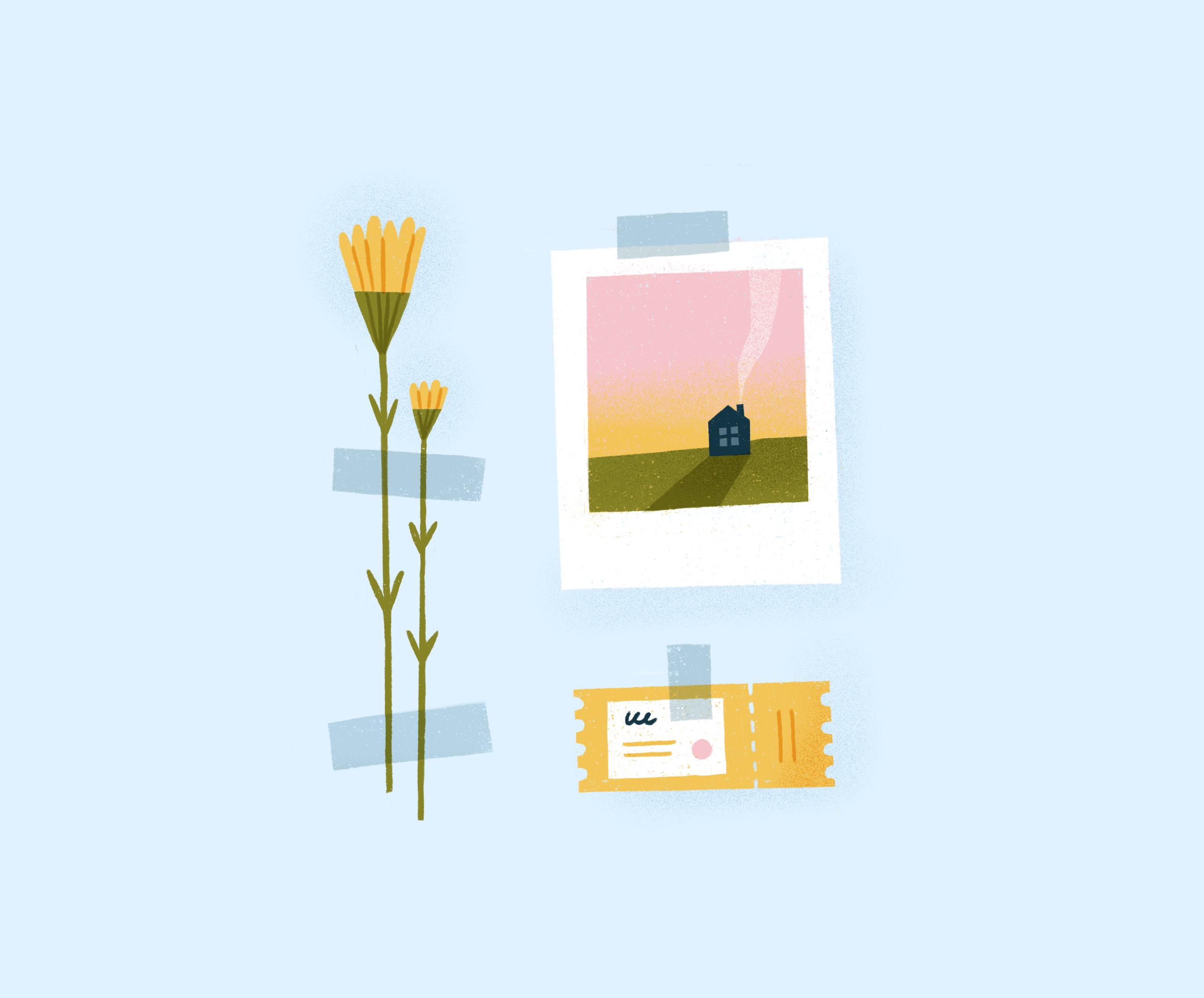 Treasures artifacts collection conserve dandelion flower house illustration memories memory past photo polaroid preserve procreate sunset tape texture ticket