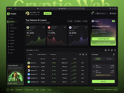 Crypto Dashboard - Cryptic 3d application bitcoin branding buy and sell charts crypto wallet cryptocurrency dark theme dashboard design finance financial fintech minimal neon stock market web web design webapp