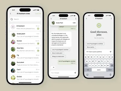 AI Assistant for Plant Marketplace ai assistant app interfaces application ui best app design chatbot ui interactive design marketplace mobile mobile app design mobile app ui mobile ui mobile ux modern app ui ui design ui ux ui ux design