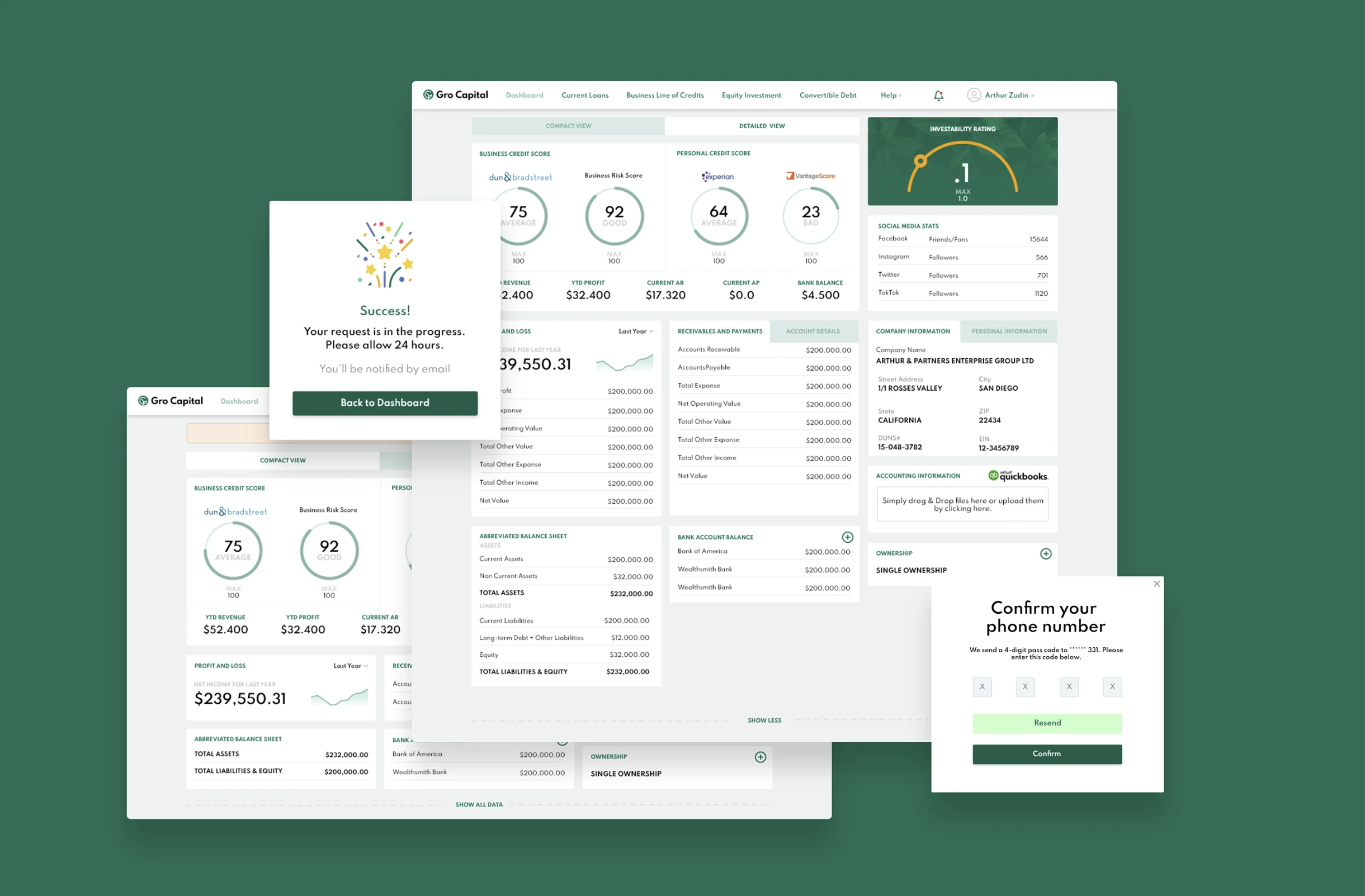 Business Financial Health Dashboard business capital clean credit dashboard finance green loan mobile design responsive design saas snowui startup ui ux ux design uxui uxui design web design