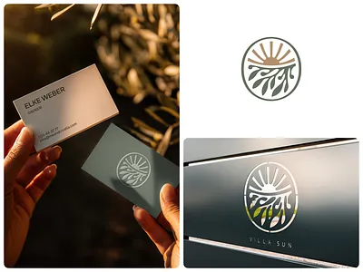 ME & Croatia branch brand identity branding business card emblem garden grove leaves logo design nature olives sophistication sun sunrise sunset villa warmth