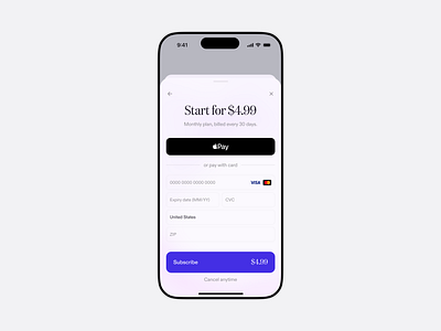 Subscribe Drawer app design apple pay card product subscribe ui visa