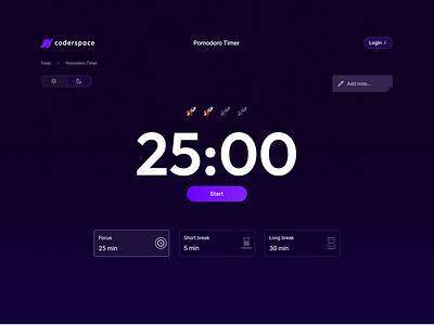 Pomodoro Timer - Coderspace clean ui coderspace dark mode ui design figma focus mode light mode ui minimal design modern design pomodoro pomodoro timer space theme timer timer design tool design ui uidesign ux web design