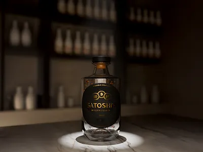 Satoshi’s Bitcoin Liqueur – Premium Design 3d alcohol bitcoin bottle brand development brand narrative branding design gold goldflakes graphic design label liquor luxury mockup packaging product