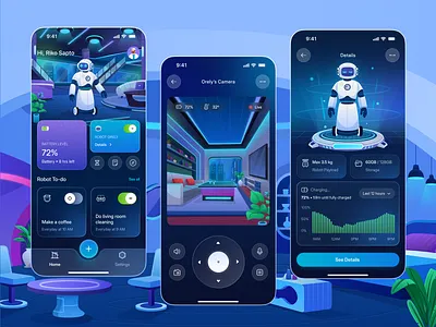 RoboPilot - Autonomous Robot Control App 🤖 ai app automation camera dashboard futuristic illustration mobile monitoring orely productivity remote robot smart smart home task ui ux