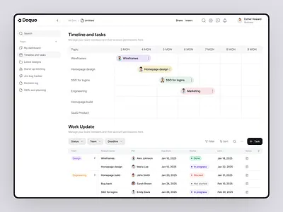 Doquo - Project Tracker Page Design calendar clean ui dashboard filllo project project management project tracker saas saas webapp table task task management task manager task tracking task update time management timeline uiux web design work status