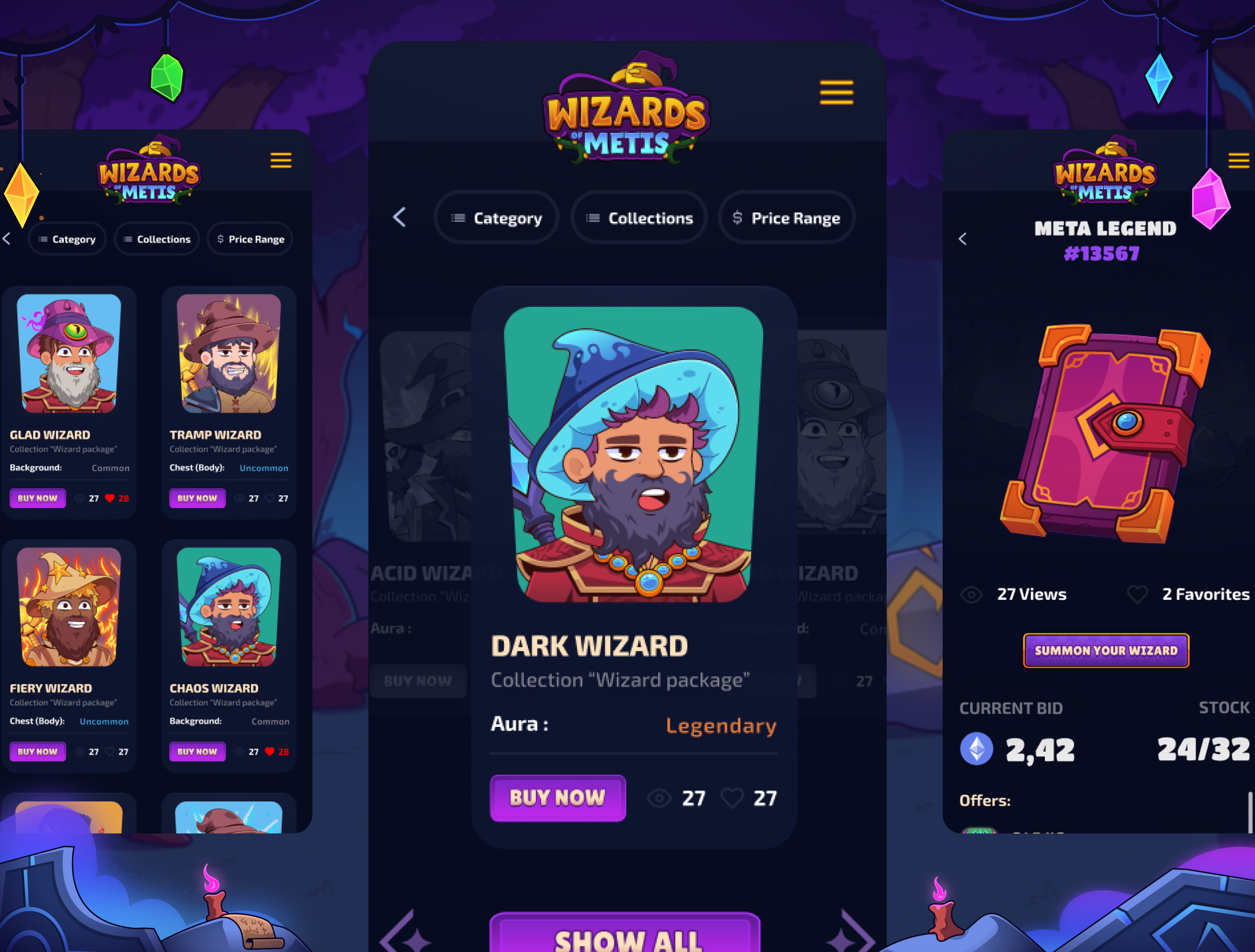Wizards of Metis: Gallery NFT | Minting screen (Mobile version) android betting casino casino app crypto design gambling game ios magic minting mobile app mobile app design mobile casino mobile game nft online casino uiux