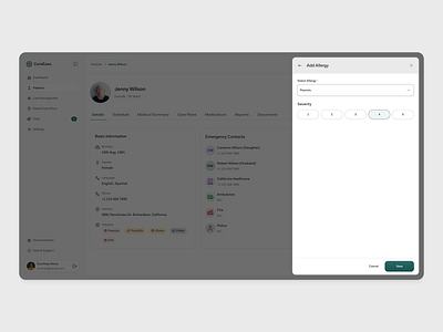 Seamless Allergy Management in Patient Care Dashboard add allergy modal allergy management care platform caregivers contact information dashboard healthcare team helping caregivers languages spoken modern patient care dashboard patient care dashboard patient data management patient details patient profile overview