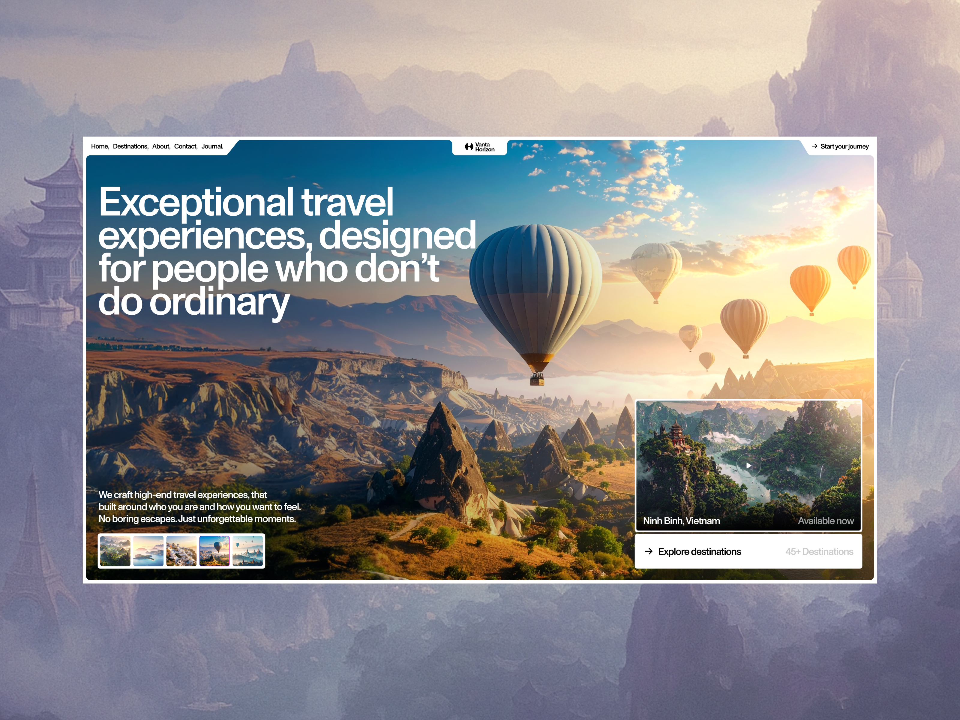 Vanta Horizon. Website for Premium Travel Agency. agency animation art direction button card design experience header layout tag travel traveling typography ui user interface ux visual web web design