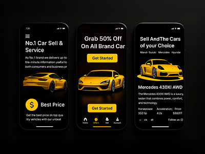 Luxury Car Selling App UI – Dark Theme Mobile Design animation branding graphic design mobile interface design ui