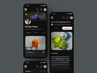 Bento Pro 2.0: Dark Mode Marketplace & Profile aoo screen app app design application application design dark dark background dark tone design market place mobile mobile app mobile ui product design ui ui design user experience user interface uxui web design