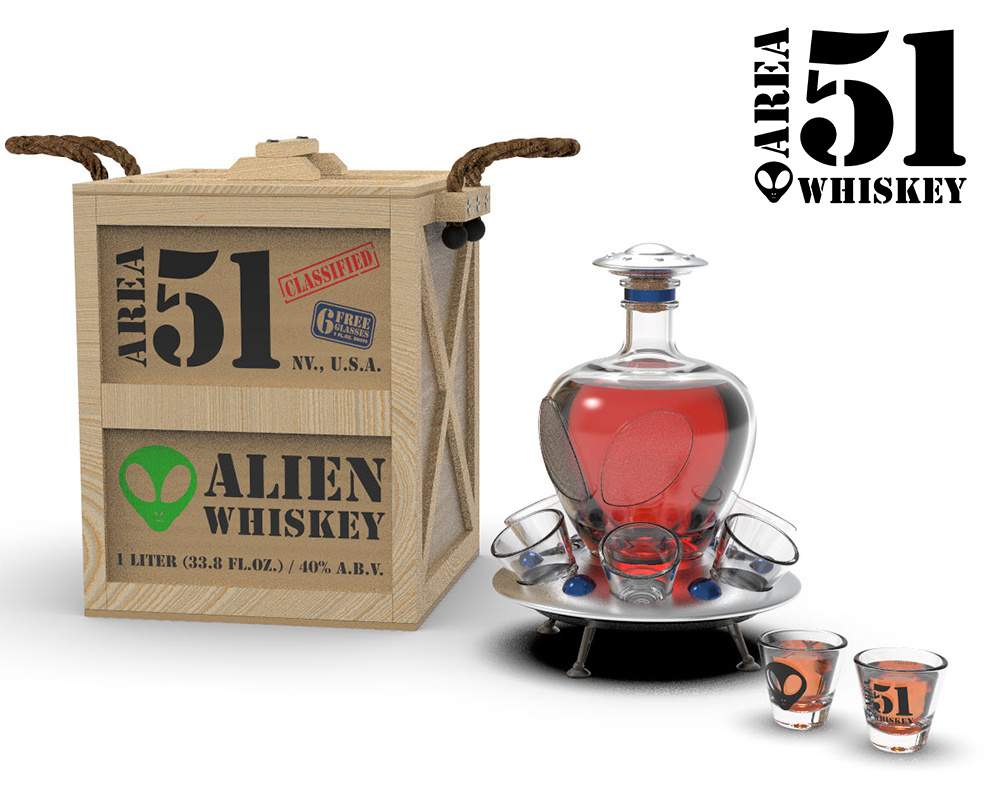 AREA 51 - Alien Whiskey 3d 3d design 3d modeling alcohol alien bottle design branding graphic design liquor package design packaging product design ufo whiskey