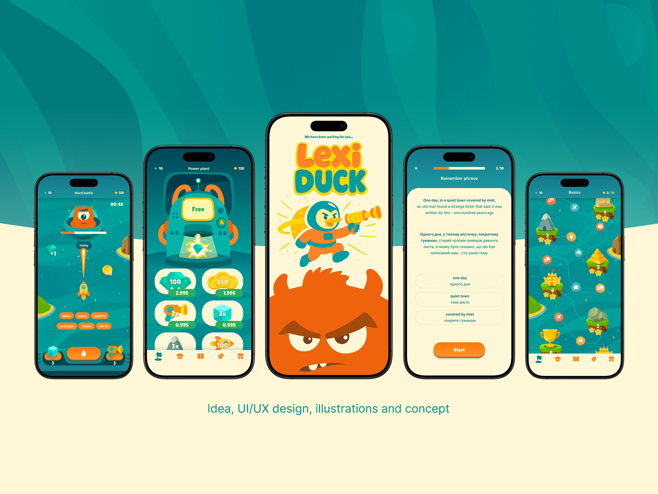 LexiDuck (idea, UI/UX design, illustrations) app branding concept design figma flat game design graphic design illustration language learning app logo minimal typography ui ux vector