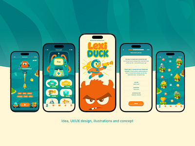 LexiDuck (idea, UI/UX design, illustrations) app branding concept design figma flat game design graphic design illustration language learning app logo minimal typography ui ux vector