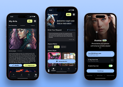 AI Avatar – Mobile App Design ai ai app ai avatar avatar avatar generator editor generate generator image ios mobile app paywall prompt subscribe ui ui design ux ux design video