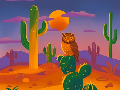 Desert Owl Landscape Illustration adventure airbrushed cacti cactus color palette creative desert digital illustration flat art flat design folk art illustration landscape owl scene soft storybook sunset western whimsical