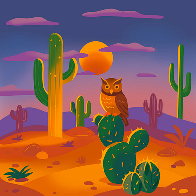 Desert Owl Landscape Illustration adventure airbrushed cacti cactus color palette creative desert digital illustration flat art flat design folk art illustration landscape owl scene soft storybook sunset western whimsical